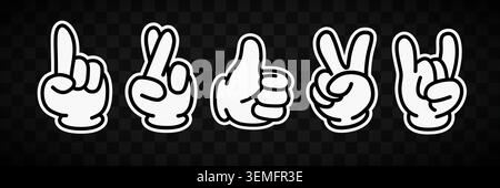 Cartoon hand gesture stickers set representing various signs and signals in a fun style. Vector illustration. Stock Vector