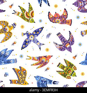 Ethnic Scandinavian birds, folk Nordic tribal birds seamless pattern with floral ornaments, and ethnic motifs. Cartoon vector traditional tile background with birds for textile, fabric and wallpaper Stock Vector