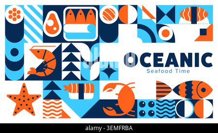 Fresh seafood banner with geometric pattern of sushi and fish food, vector background. Seafood pattern of oceanic delicacy and sea food tuna, crab and caviar, sardines with crab and shrimp prawn Stock Vector