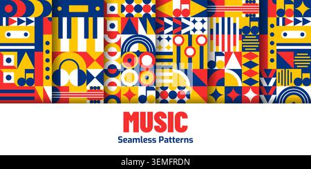 Music and sound production seamless patterns set with geometric ornament and shapes of notes, instruments, speakers and abstract sound symbols. Vector tile background with red, blue and yellow colors Stock Vector
