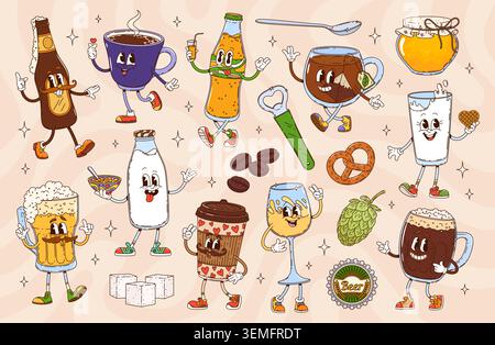 Cartoon groovy drink characters, vector hot and cold beverages set. Retro groovy cute cups, bottle and glasses personages with beer, coffee and wine, milk, soda and tea drinks, honey, sugar and spoon Stock Vector