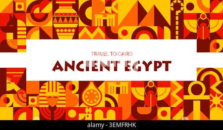 Ancient Egypt travel poster with modern geometric pattern. Orange red poster featuring Cleopatra, pharaoh, scarab beetle, pyramid, vase, and Anubis. Vector Egypt tourism campaign design Stock Vector