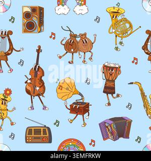 Groovy musical instrument characters vector seamless pattern. Quirky anthropomorphic saxophone, old radio, trumpet, gramophone, violin and drum funky y2k retro personages on blue tile background Stock Vector