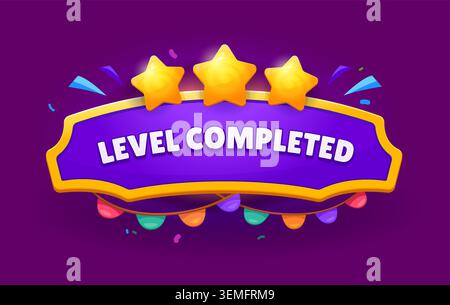 Game interface level complete icon. Festive purple panel with gold frame, Level completed message, decorative gold stars, colorful confetti, and hanging garlands. Vector element for game win screens Stock Vector