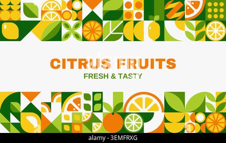Topical ripe citrus fruits banner with geometric pattern, vector background. Geometric pattern of citrus fruits in mosaic shape of lemon and orange, pomelo and lime with bergamot and juicy tangerine Stock Vector