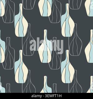 Abstract seamless pattern with stylized ceramic vases and bottles in modern scandinavian style in pastel blue, cream and dark charcoal colors for wall Stock Vector