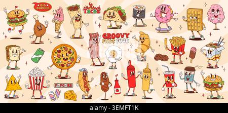 Cartoon groovy fast food characters of retro hippie burgers, hot dog, pizza, soda and coffee. Vector psychedelic groovy hamburger, sandwich, burrito and sushi, ice cream and popcorn characters Stock Vector