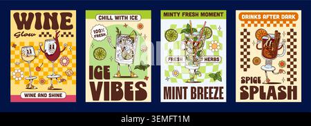 Y2K groovy party cocktails and drinks posters with funky hippie characters, cartoon vector. Groovy Y2K posters with funny mojito cocktail and glass with ice cubes, mulled wine and freaky wineglass Stock Vector