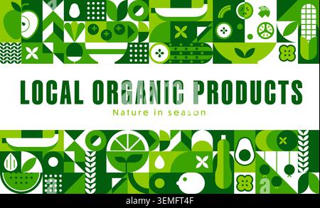 Organic food banner with geometric pattern of fruits and vegetables, vector background. Organic farm food pattern with geometric cucumber and corn, green avocado and zucchini with apple and watermelon Stock Vector