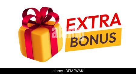 Extra Bonus sign with a yellow gift box and red ribbon for holiday marketing. Vector illustration Stock Vector