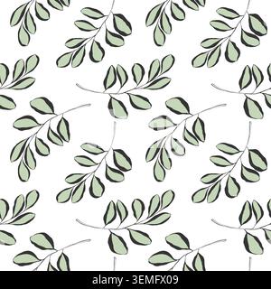 pattern with hand drawn eucalyptus branches and green leaves in minimalist botanical style on white background for wedding stationery, eco packaging a Stock Vector
