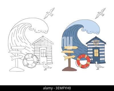 Coastal seascape with house, sea wave nautical coloring page. Seagulls, lifebuoy and signpost, ocean theme kids book. Black and white printable Stock Vector