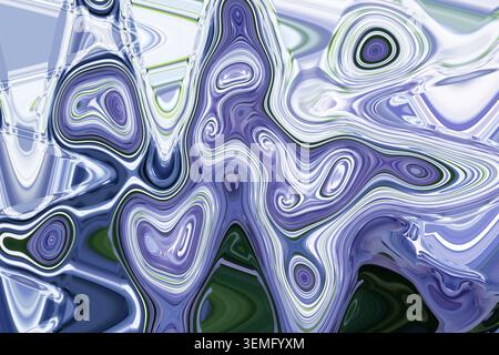Abstract blue violet purple fluid marble swirl texture from purple flower with white flowing lines and green accent background for wallpaper or graphi Stock Photo