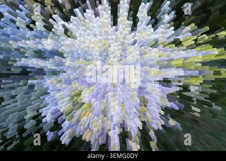 Abstract blue purple yellow zoom burst pixel explosion texture from hydrangea flower center with radial motion pattern background for wallpaper Stock Photo