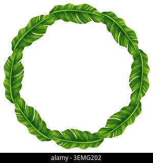 Watercolor illustrations banana leaves wreath isolated on white background. Tropical green foliage frame, round border. Botanical art for food packagi Stock Photo