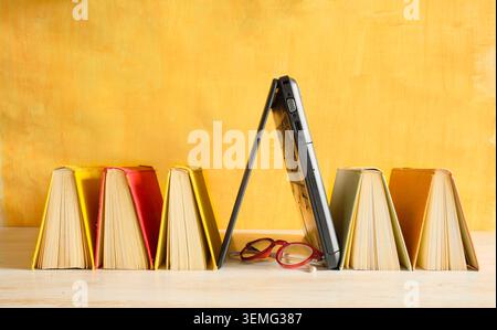 learning,education reading,information concept,books and laptop,free copy space Stock Photo