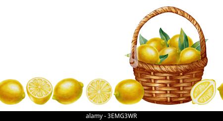 Seamless watercolor border with lemon. Wicker basket full of lemons and leaves. Banner with tropical citrus fruits. Design for kitchen textiles, packa Stock Photo