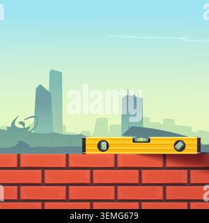 yellow level tool on brickwall city behind Stock Vector