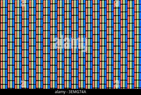 Analog TV Screen Close Up Texture. RGB dots seamless pattern, revealing digital display structure through vibrant red, green, blue color fragments Stock Photo