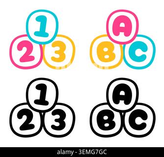Cute cartoon ABC letters and 123 numbers icon, color and black style. Simple vector illustration. Children math and language education, school logo. Stock Vector