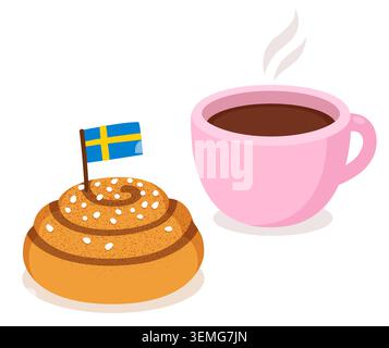 Fika, Swedish tradition. Cup of coffee or tea with cinnamon roll bun. Isolated vector illustration. Stock Vector