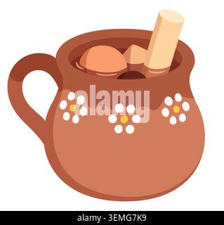 Mexican Ponche de frutas navideño (Christmas fruit punch) in traditional clay cup. Hand drawn vector clipart illustration. Stock Vector