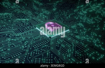 Data protection, circuit board with processor to lock data, encryption, safety, network security. Data protection, circuit board with processor to loc Stock Photo