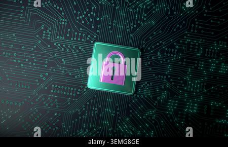 Data protection, circuit board with processor to lock data, encryption, safety, network security. Data protection, circuit board with processor to loc Stock Photo