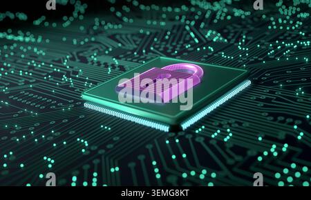 Data protection, close-up circuit board with processor to lock data, encryption, safety, network security. Data protection, close-up circuit board wit Stock Photo