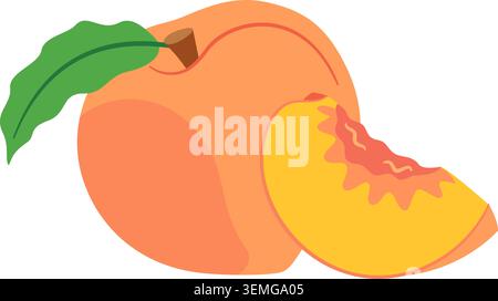 Whole fresh peach with green leaf and cut slice. Hand drawn trendy flat style isolated. Colorful decorative vector elements for summer patterns, healthy food designs, recipes, and product packaging. Stock Vector