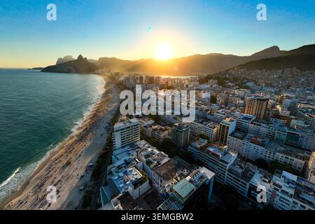 Aerial View of Ipanema Neighborhood and Beach on Sunset in Rio de Janeiro Stock Photo