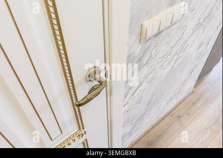 close-up of a white door with gold trim and an ornate brass handle. A light switch is visible on the patterned wall. Stock Photo