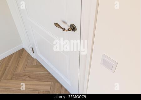 white door with an ornate brass handle stands slightly ajar, revealing herringbone wood flooring. A light switch is on the adjacent wall. Stock Photo