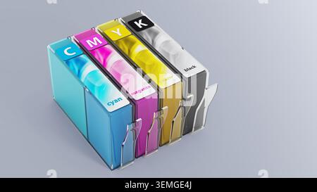 Inkjet printer cartridges isolated on blue. 3D illustration. Stock Photo