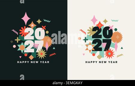 Set flyers for New Year 2027. Modern greeting cards with numbers, various snowflakes behind the numbers. Black and white cards with bright new year elements. Perfect for leaflets, postcards. Vector Stock Vector