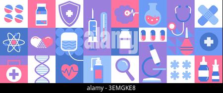 Geometric medicine banner. Abstract mosaic medicines and pharmacy square tile. Poster with drug, pills, medicines, drugs, antibiotics, pill, DNA, thermometer and syringe symbols, icons. Flat vector Stock Vector