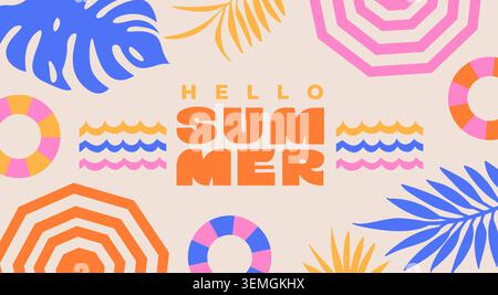 Hello summer, beach holiday vibe. Greeting summer with top view on beach with tropical leaves and beach umbrellas. Design for sales, invitations, posters,flyers, web, covers, ads.Vector illustration Stock Vector