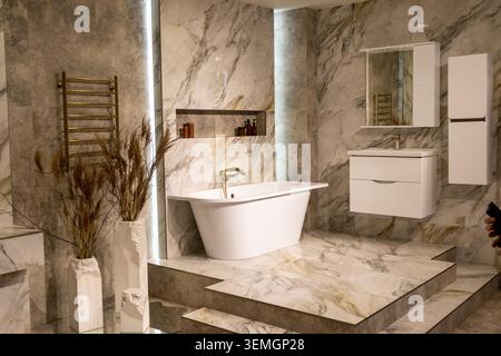 Luxury Bathroom Interior with Freestanding Bathtub and Gold Fixtures Stock Photo