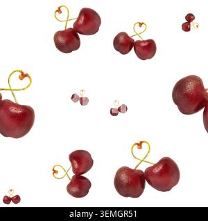 Abstract horizontal background pattern of seamless fresh red cherries with stems shaped as hearts scattered on white background surface Stock Photo