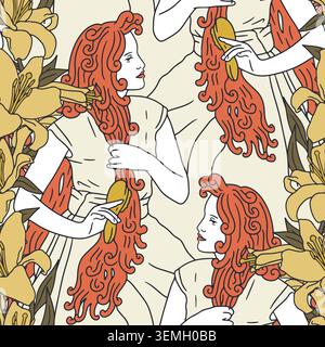 Art nouveau style woman brushing very long red hair and lily flowers seamless pattern Stock Vector