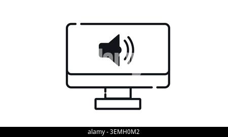 Desktop computer audio and sound icon: PC workstation displaying speaker volume active symbol on screen, minimalist black line art vector illustration Stock Vector