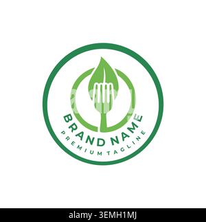 Professional food brand logo presenting white fork inside green leaf. Stock Vector