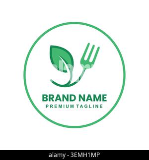 Modern restaurant identity with green fork shaping into plant branch. Stock Vector