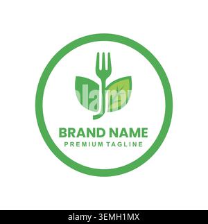 Professional restaurant logo with green fork and healthy organic leaves. Stock Vector