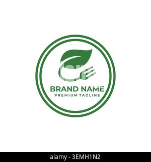 Modern healthy dining logo displaying curved fork attached to leaf. Stock Vector