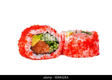 Isolated two pieces of california uramaki sushi rolls with red flying fish roe on white background jpeg Stock Photo