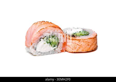 Isolated pair of salmon philadelphia sushi rolls with different fillings on white background jpeg Stock Photo