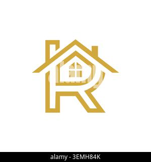 Elegant line art letter R house logo in gold color. Stock Vector