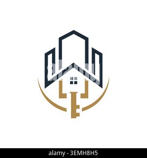 Real estate crest logo with buildings, house, and key. Stock Vector