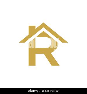 Minimalist letter R logo integrated with a clean roof icon. Stock Vector